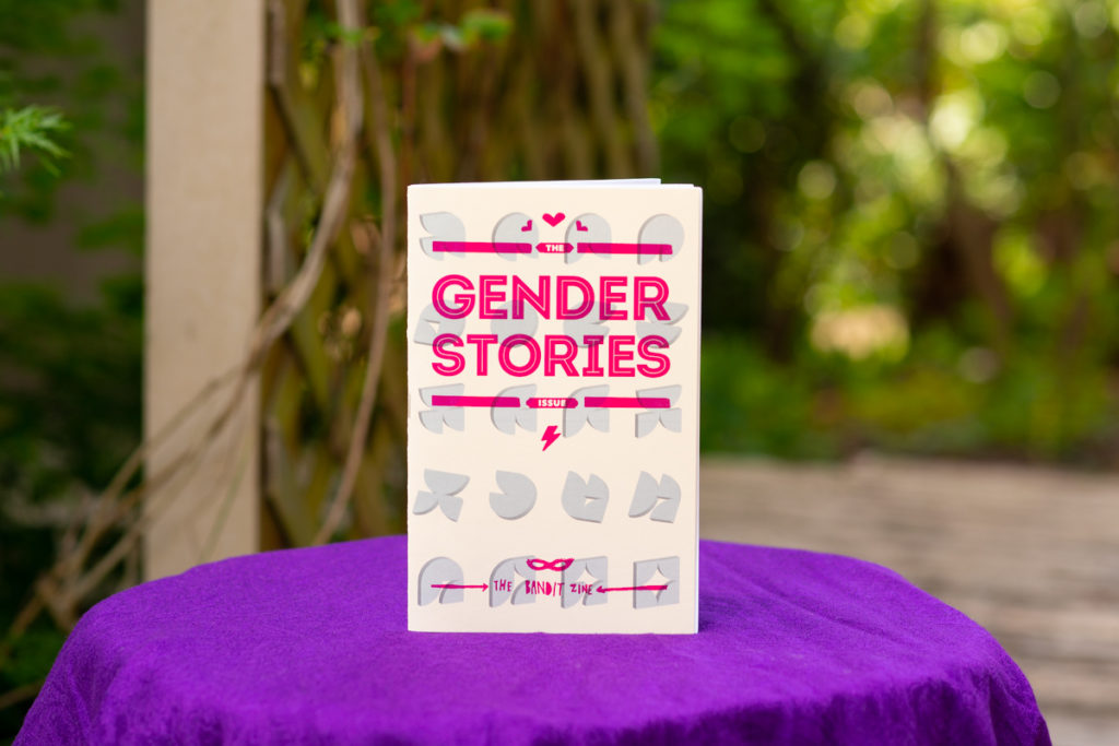 Body Positive and Fat Positive Product Photography Sessions for Products, Zines, Books, Art, Artwork, Crafts, Jewelry, Apparel, and Handmade Items
The zine Gender Stories is shown standing by itself on a purple fabric-covered stool in front of a garden arbor covered in vines.