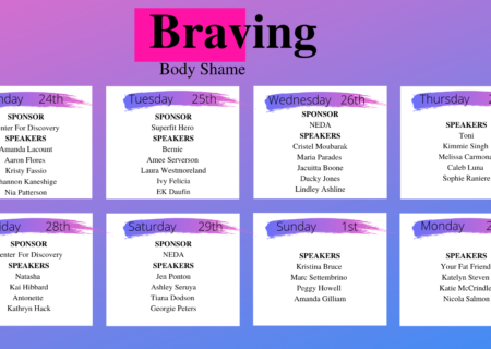 A calender listing the speakers for the 2020 Braving Body Shame Conference.