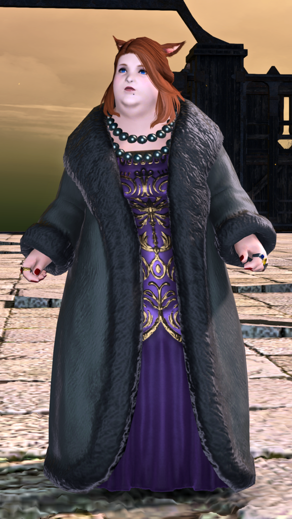 A character from the MMO Final Fantasy XIV, Dulia-Chai, is shown standing on a stone plaza in front of a sunset-silhouetted building. She is fat and pale-skinned, has red hair and cat ears, and is wearing court clothing of a purple and gold full-length dress, black pearls, and black fur coat.